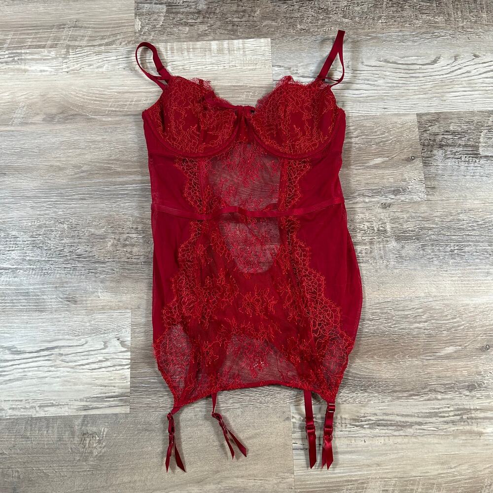 Vintage Y2K Victoria's Secret Red Lace Mesh Bustier Corset Garter Coquette 36D